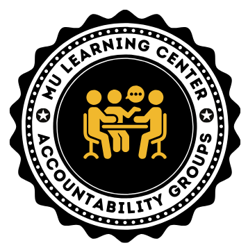 Circular Logo with a frilly edge in black with the words MU Learning Center Accountability Groups and a gold graphic in the middle of students around a table studying.