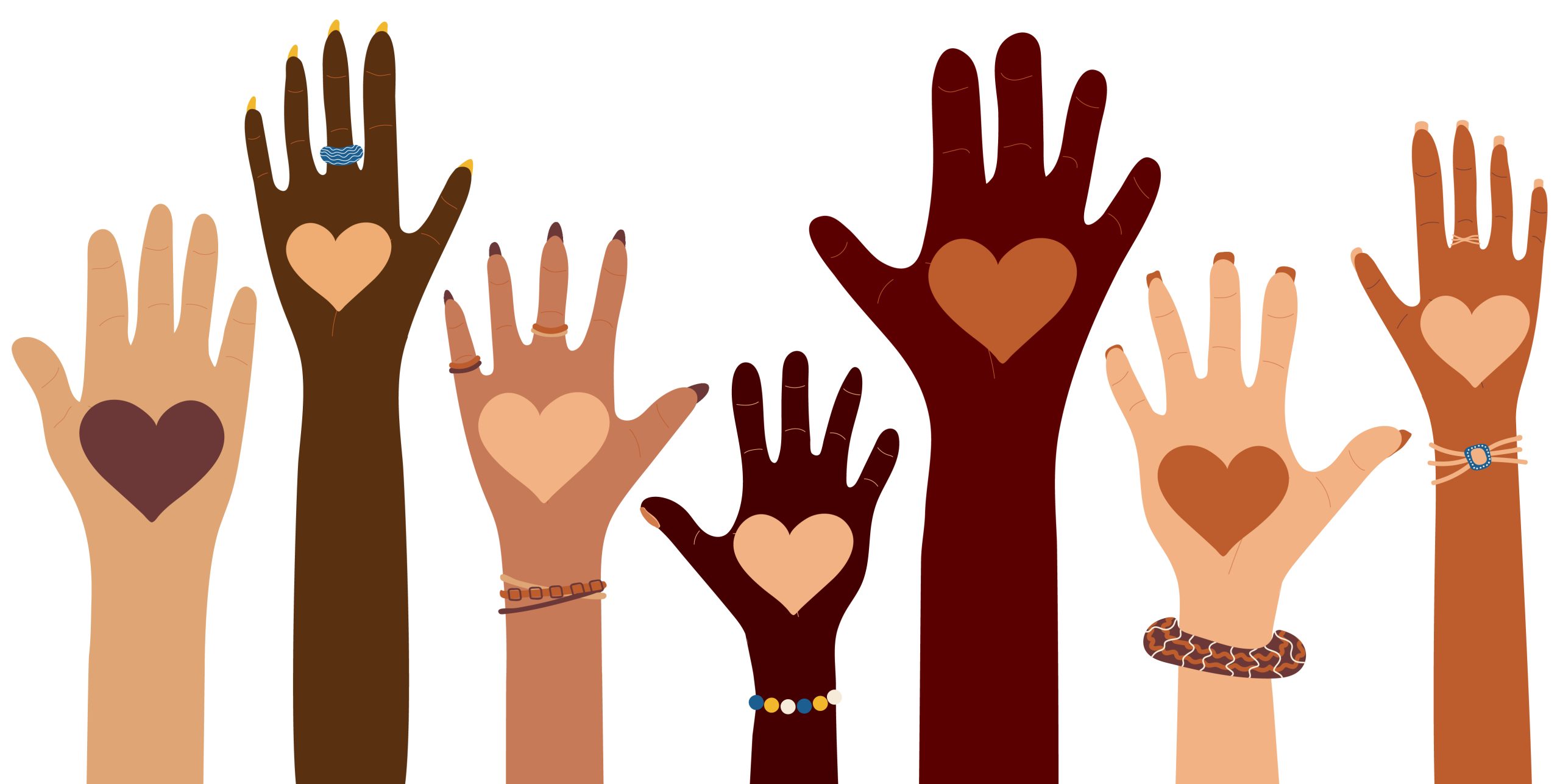 Several hands with different shades of skin that have their fingers extended and hearts on the palms.