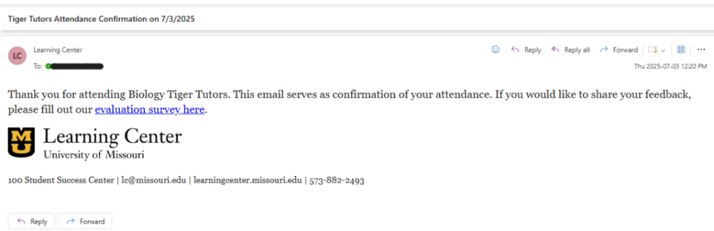 Screenshot of Attendance Confirmation from the Learning Center for attending Tiger Tutors.