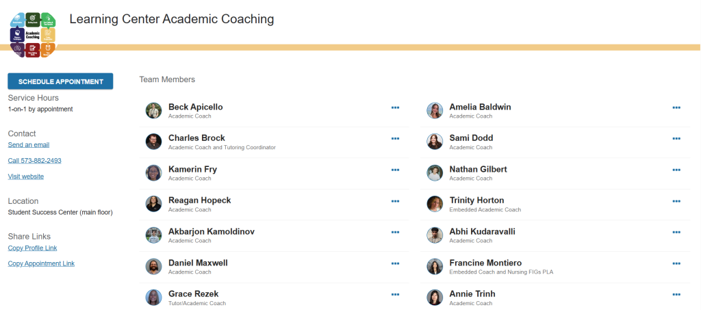 Academic Coaching site on MU Connect with current coaches